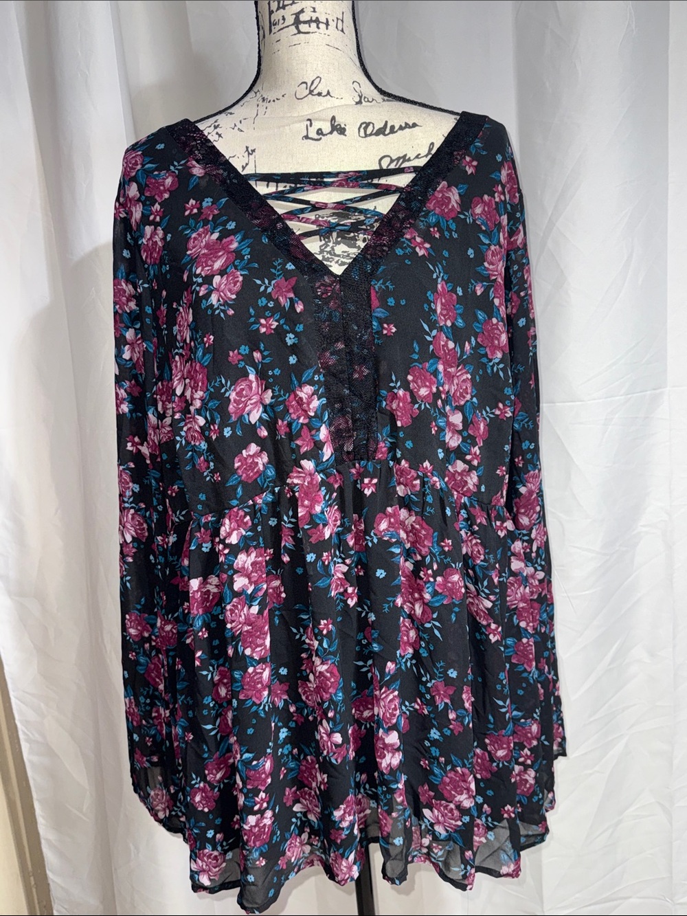 torrid Black Floral V-Neck Tunic with Lace-Up Detail